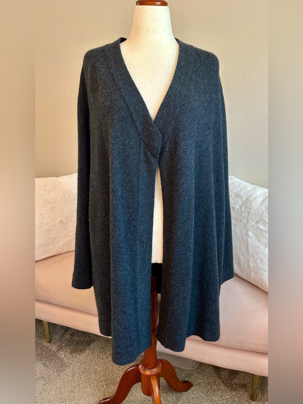 Eileen Fisher 100% Cashmere Drape Front Cardigan Sweater Soft Thick Knit Gray L